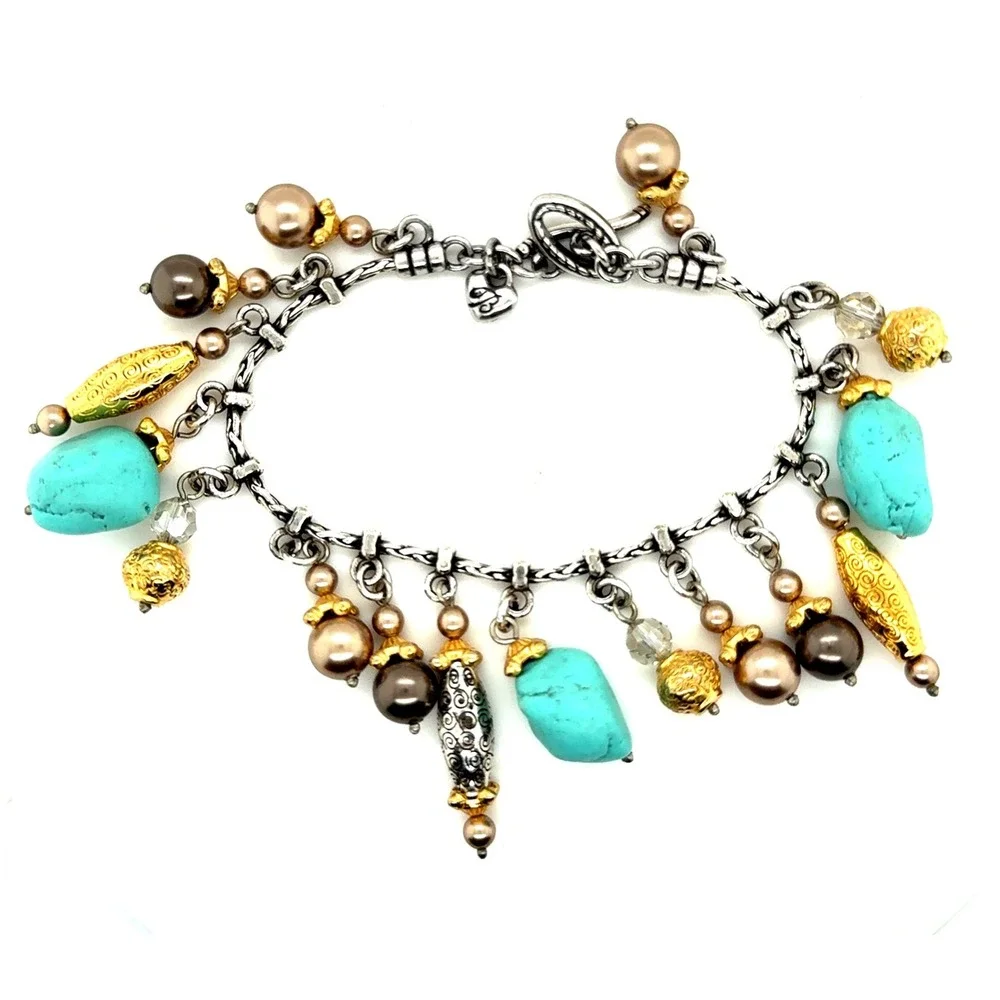 Brighton Turquoise Pearl Mixed Metal Charm Bracelet Silver Gold Tone 7.25