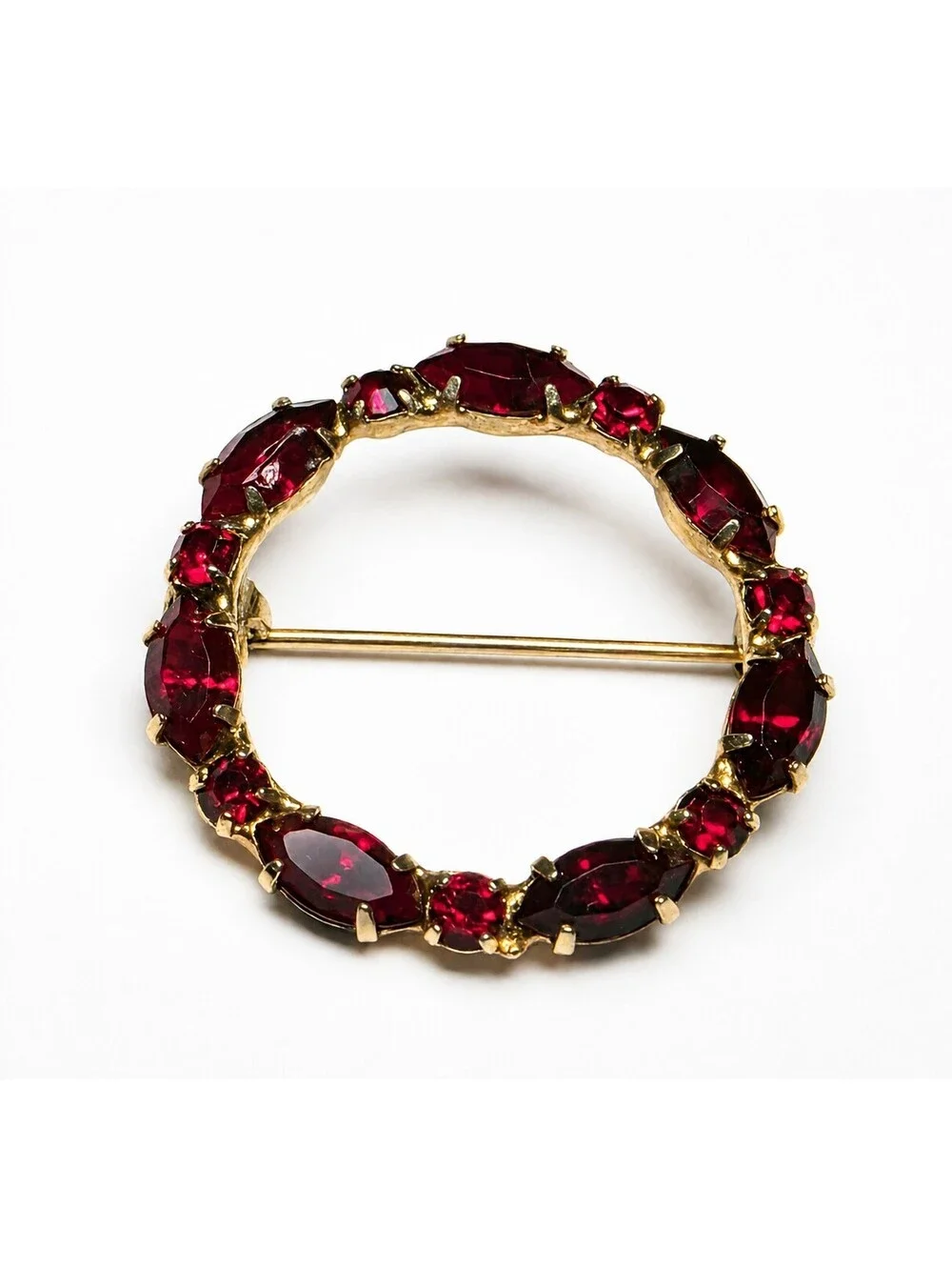 Vintage Garnet Red Rhinestone Circle Brooch Gold Tone Pin 1