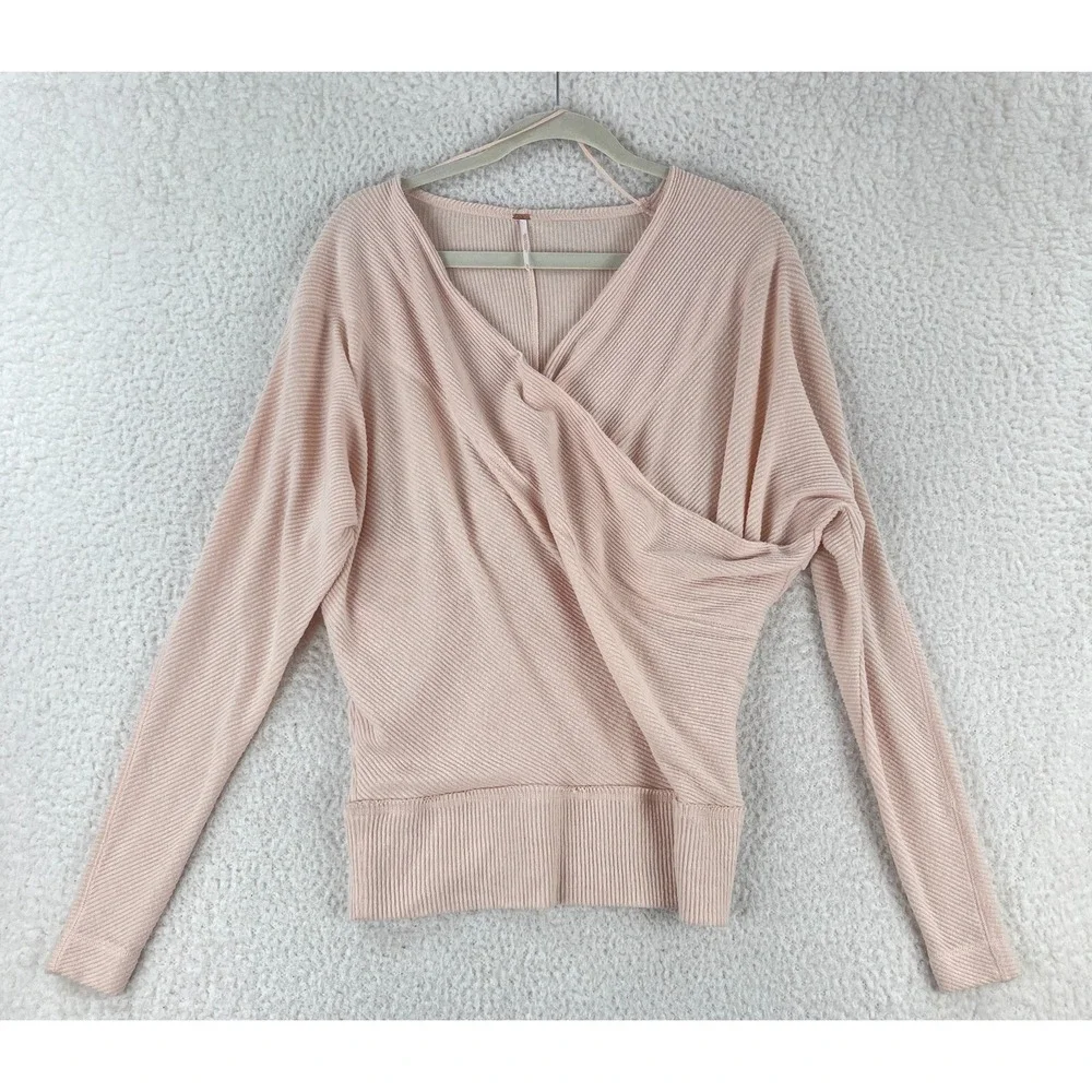 Free People Pink Cozy With You Surplice Pullover Shirt‎ Womens Ribbed Size XS