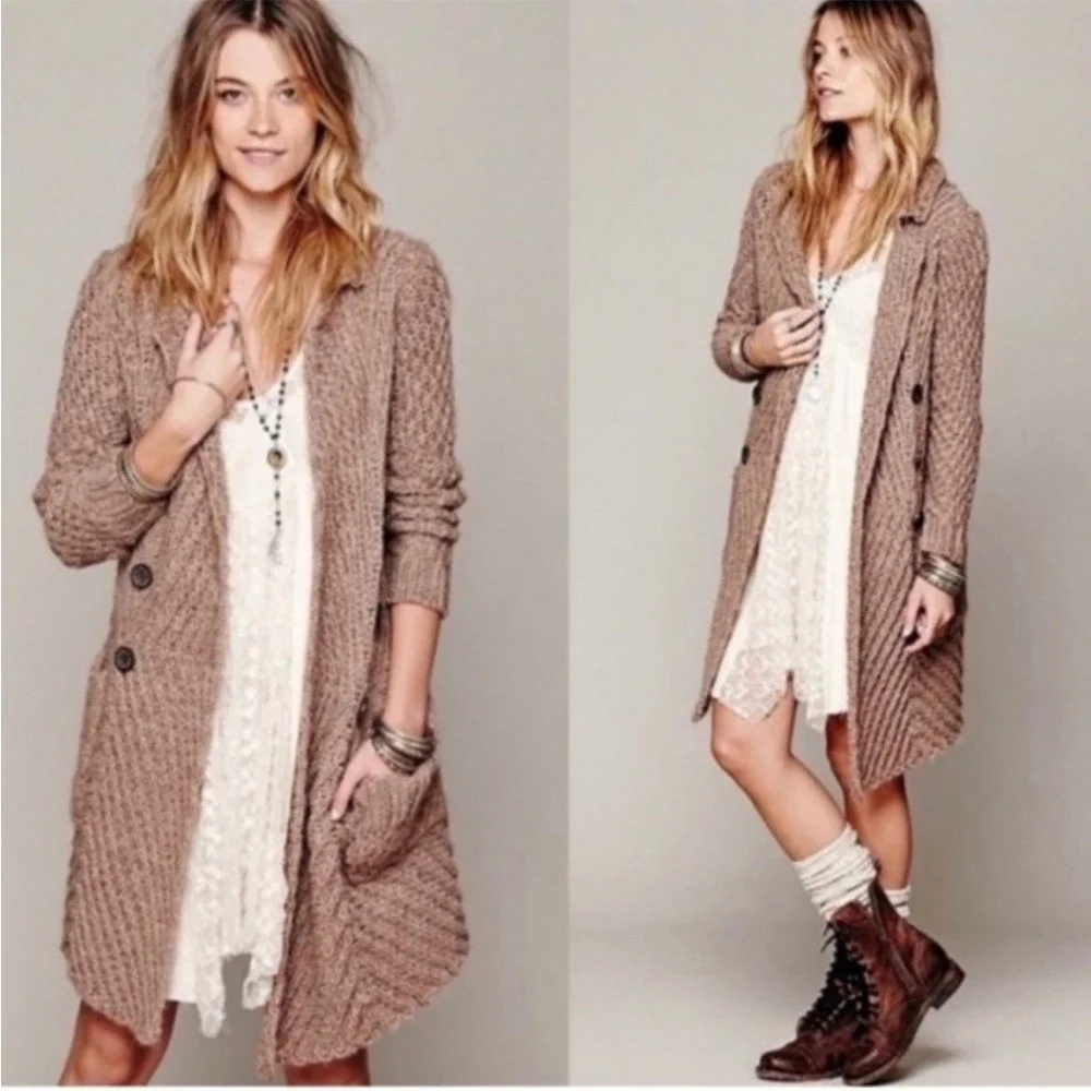 Free People Cardigan Sweater Womens S Taupe Alpaca Wool Blend Chunky Knit