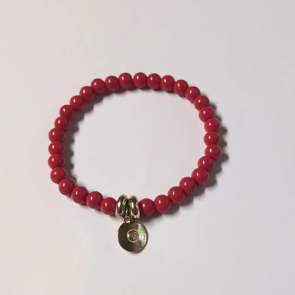 39 Red Beaded Bracelet with Gold Disc and One Rhinestone‎