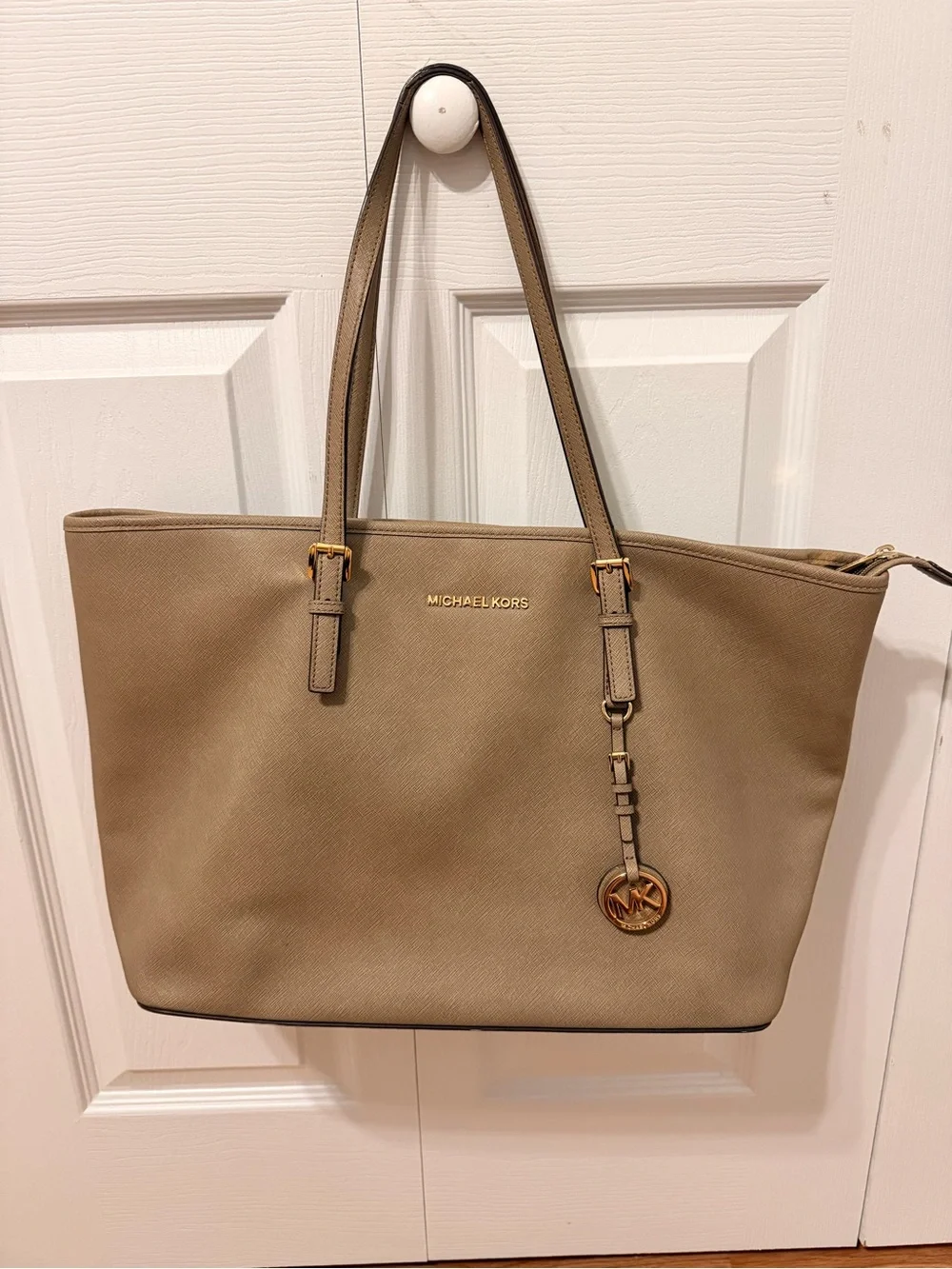 Michael Kors Beige Taupe Saffiano Leather Tote with Gold Hardware
