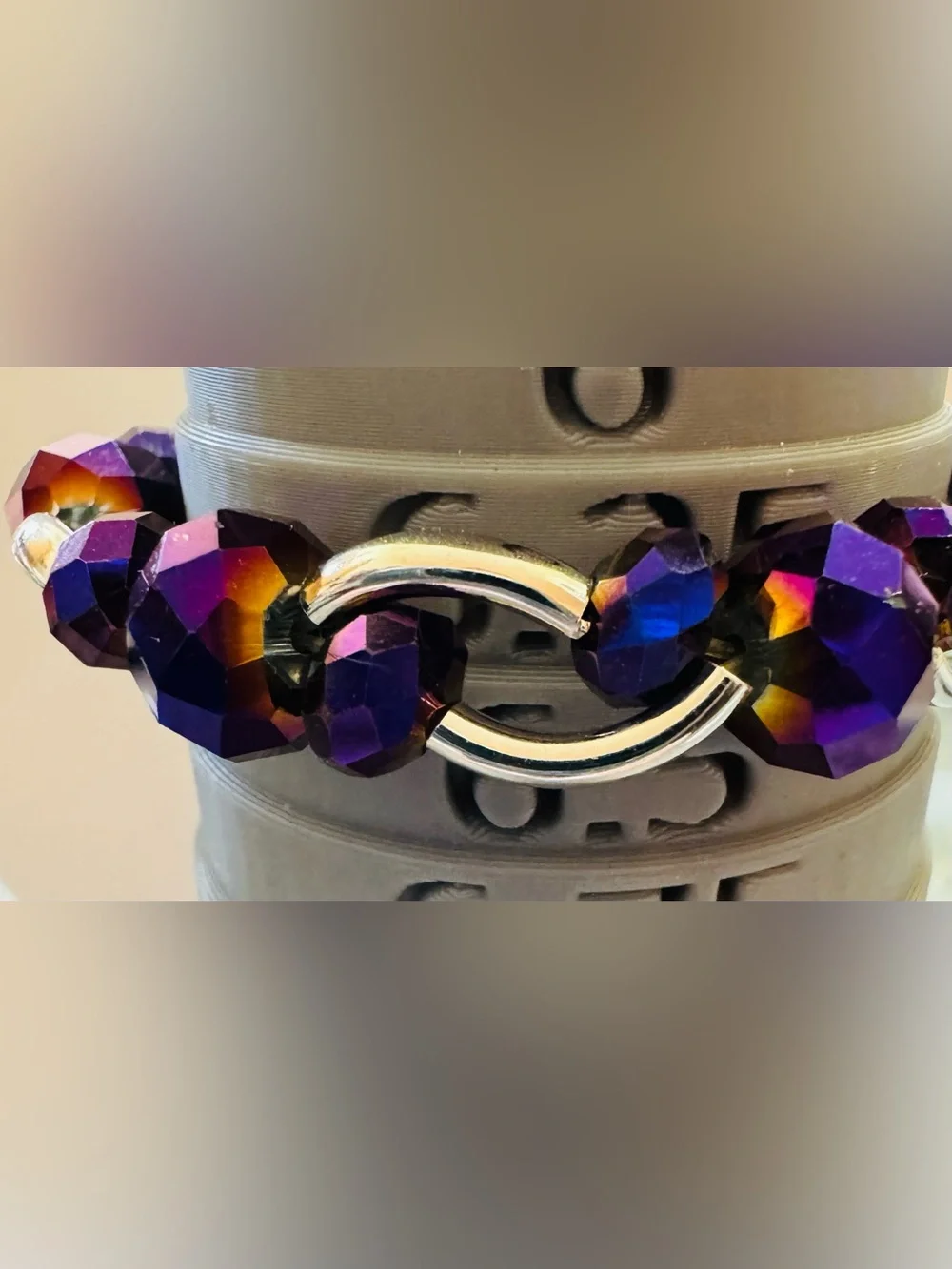 Purple iridescent glass rhinestone stretch bracelet