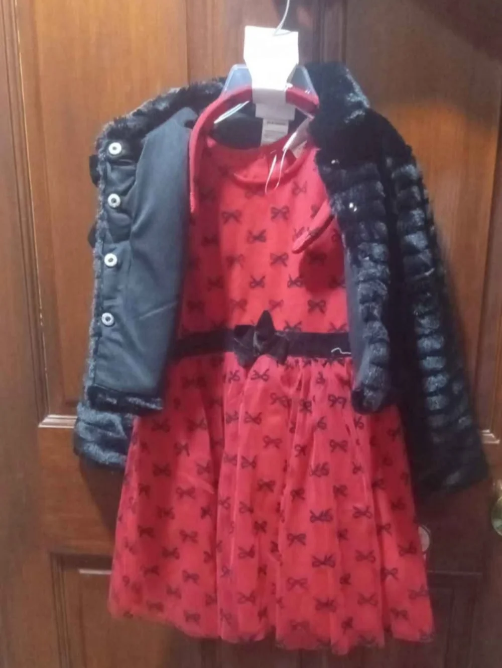 Girls Black Faux-Fur Jacket with Red Bow Skirt and Headband