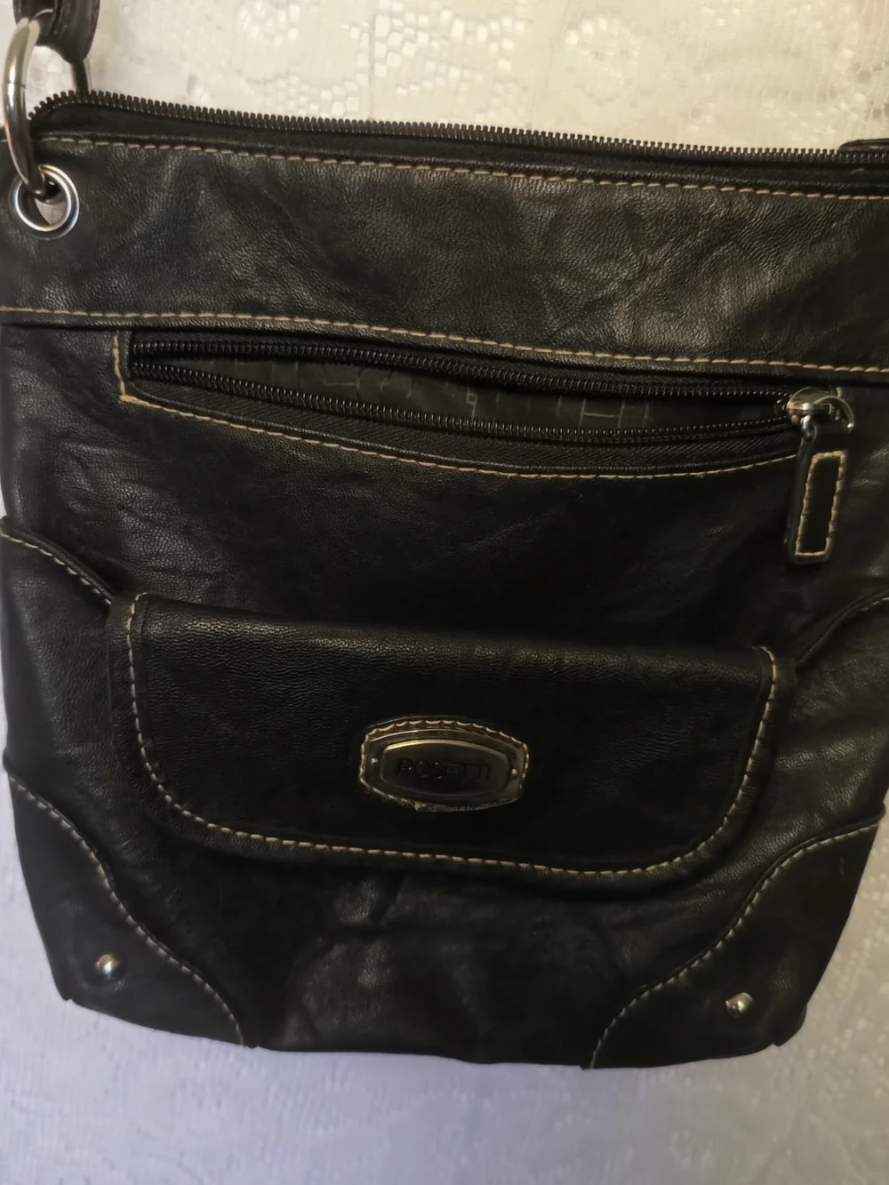 Rosetti Black Faux Leather Crossbody Organizer Bag Silver Hardware