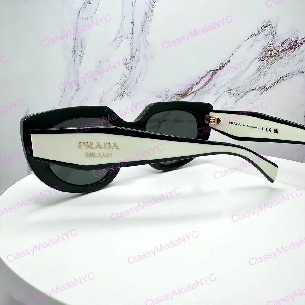 New PRADA Sunglasses Black White Talc Gold Symbole Oval Cat Eye Womens