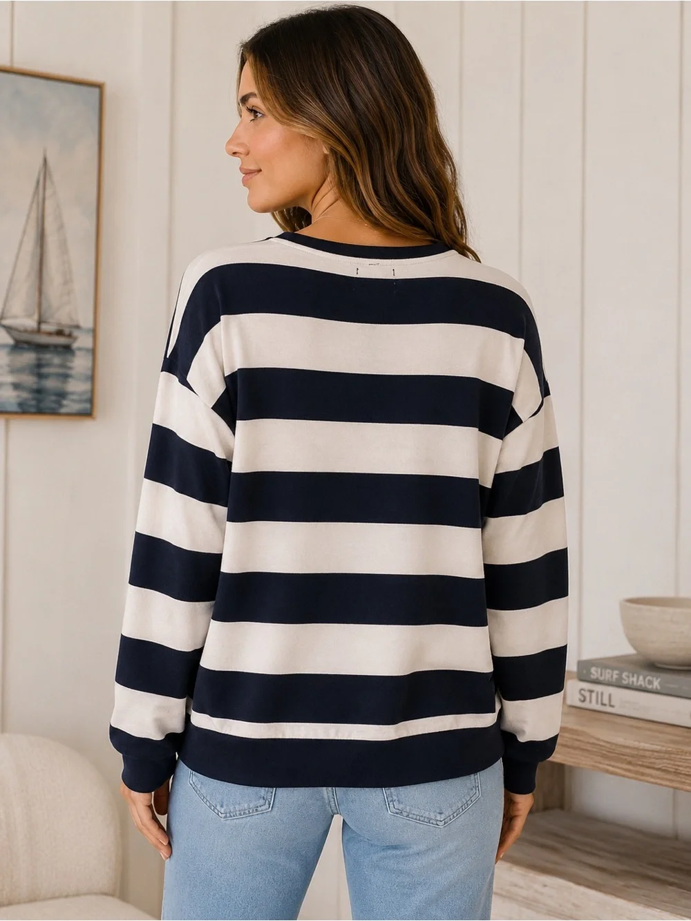 ⚓ Thread & Supply Navy & White Striped Oversized Sweater Small Coastal Nautical