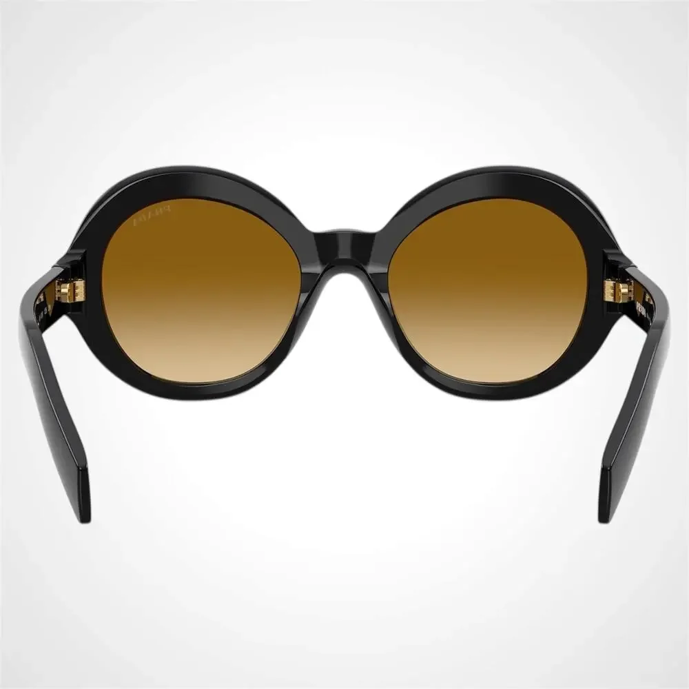 New PRADA Sunglasses Black Round Frame Yellow Brown Lens Women's