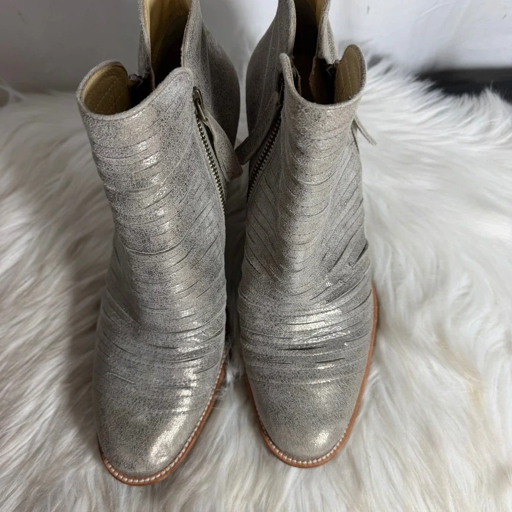 Paul Green Malibu Metallic Silver Leather Pleated Ankle Boot Stacked Heel UK 5.5