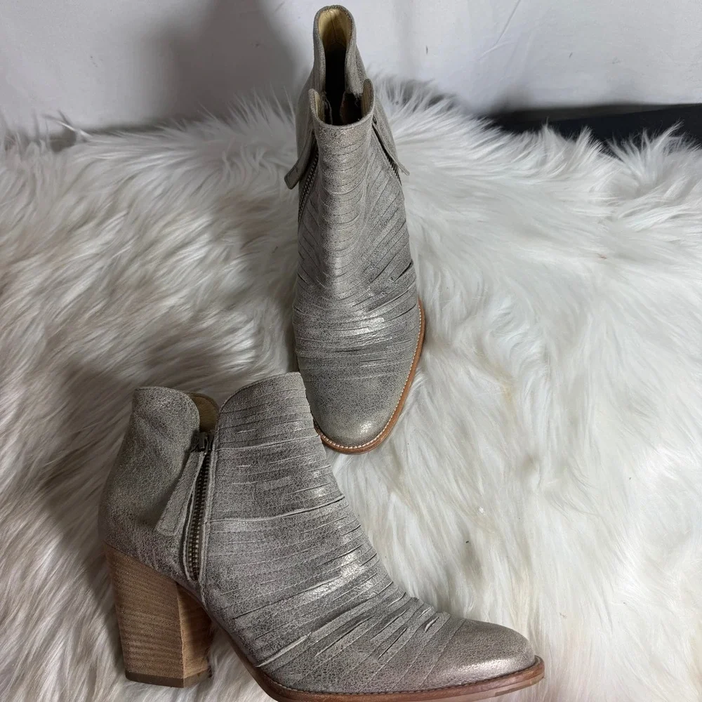 Paul Green Malibu Metallic Silver Leather Pleated Ankle Boot Stacked Heel UK 5.5