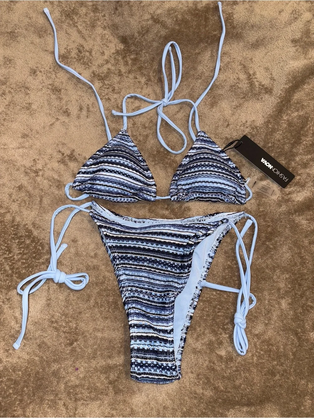 NWT Fashion Nova Blue & White Striped Tie-String Bikini 3pc Set