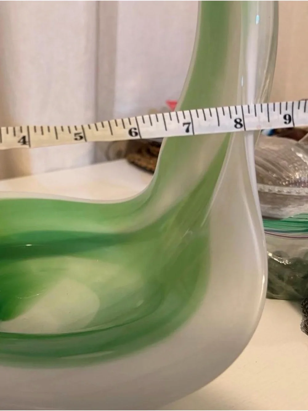 Vintage MCM Hand Blown Murano Style Green White Cased Art Glass Basket Bowl 12.5