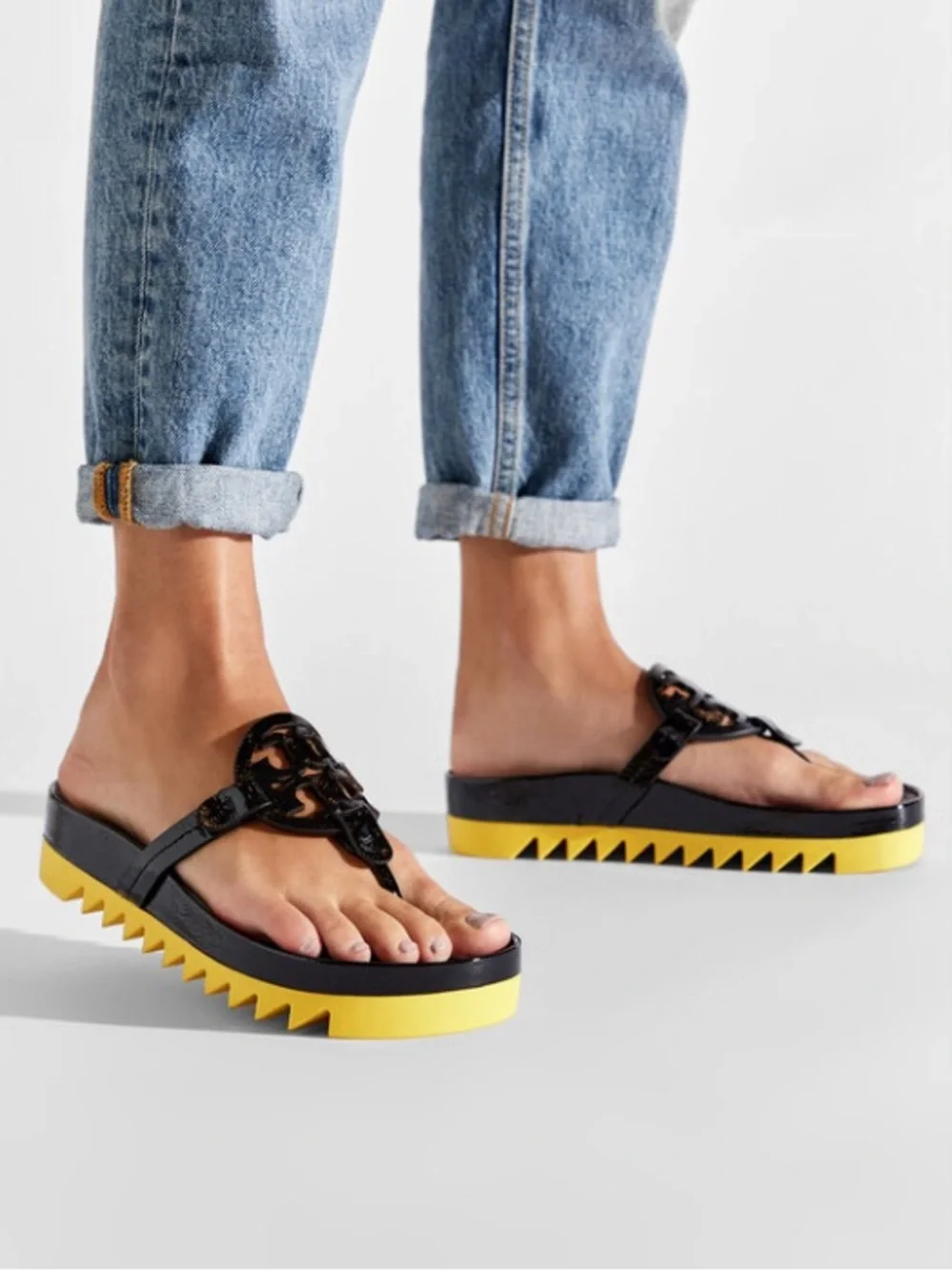 Tory Burch Miller Cloud Lug Sandal NWT Black Patent Leather Logo Cutout Slide