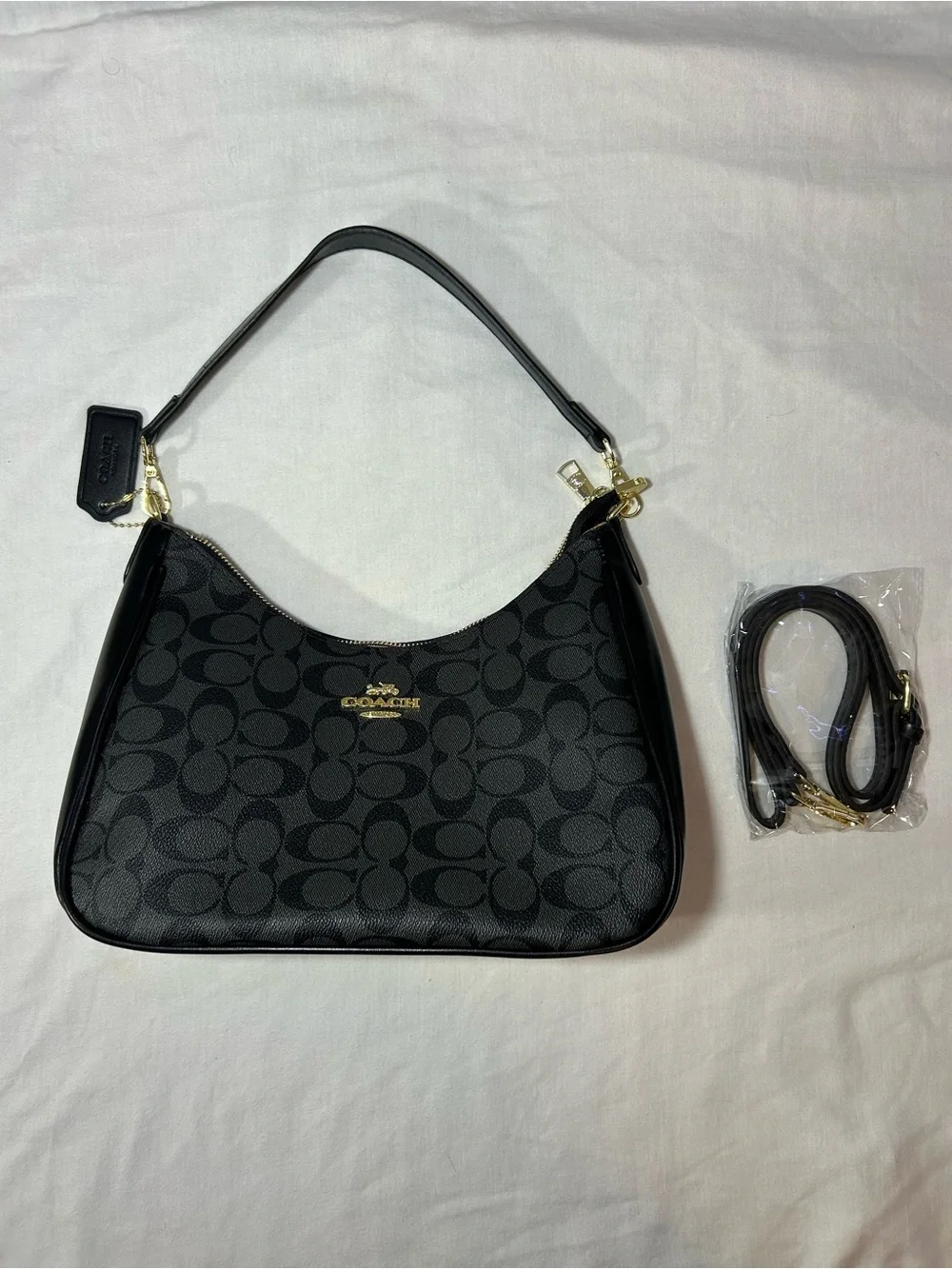 Coach Black Signature Canvas Shoulder Bag with Gold Hardware