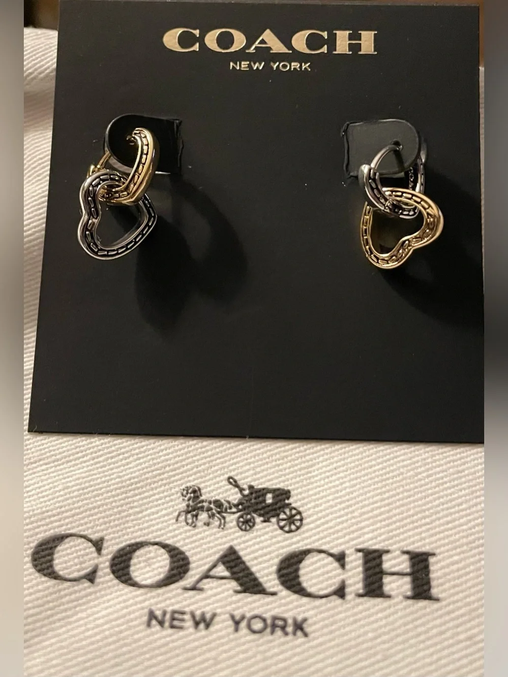 Coach Two-Tone Linked Heart Drop Earrings in Gold and Silver