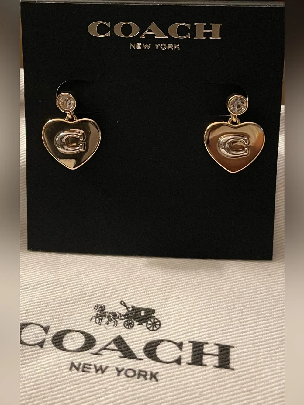 Coach Gold Heart C Logo Drop Earrings with Crystal Stud