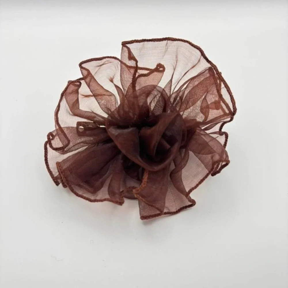 Brown Ruffled Floral Sheer Chiffon Hair Clip Barrette Y2K Cottagecore Accessory