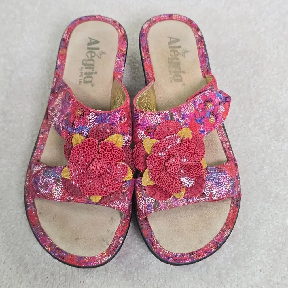 Alegria Lana  Red Leather Wedge Platform Sandals Flower Women's Size 37
