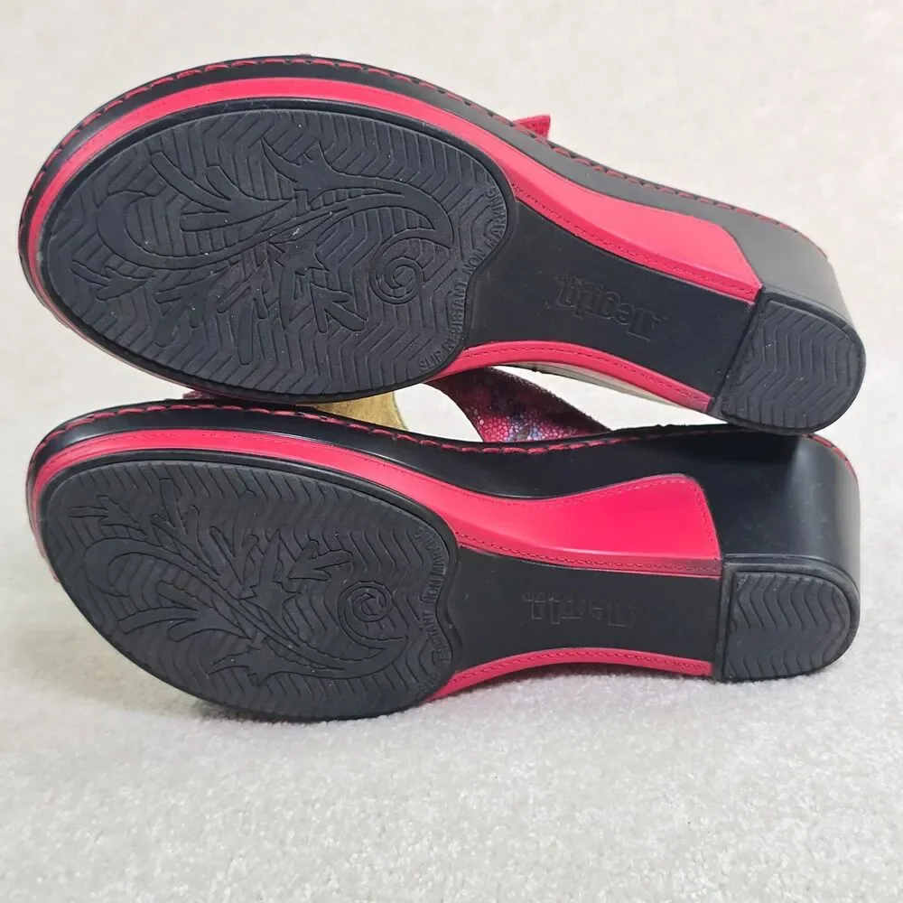 Alegria Lana  Red Leather Wedge Platform Sandals Flower Women's Size 37