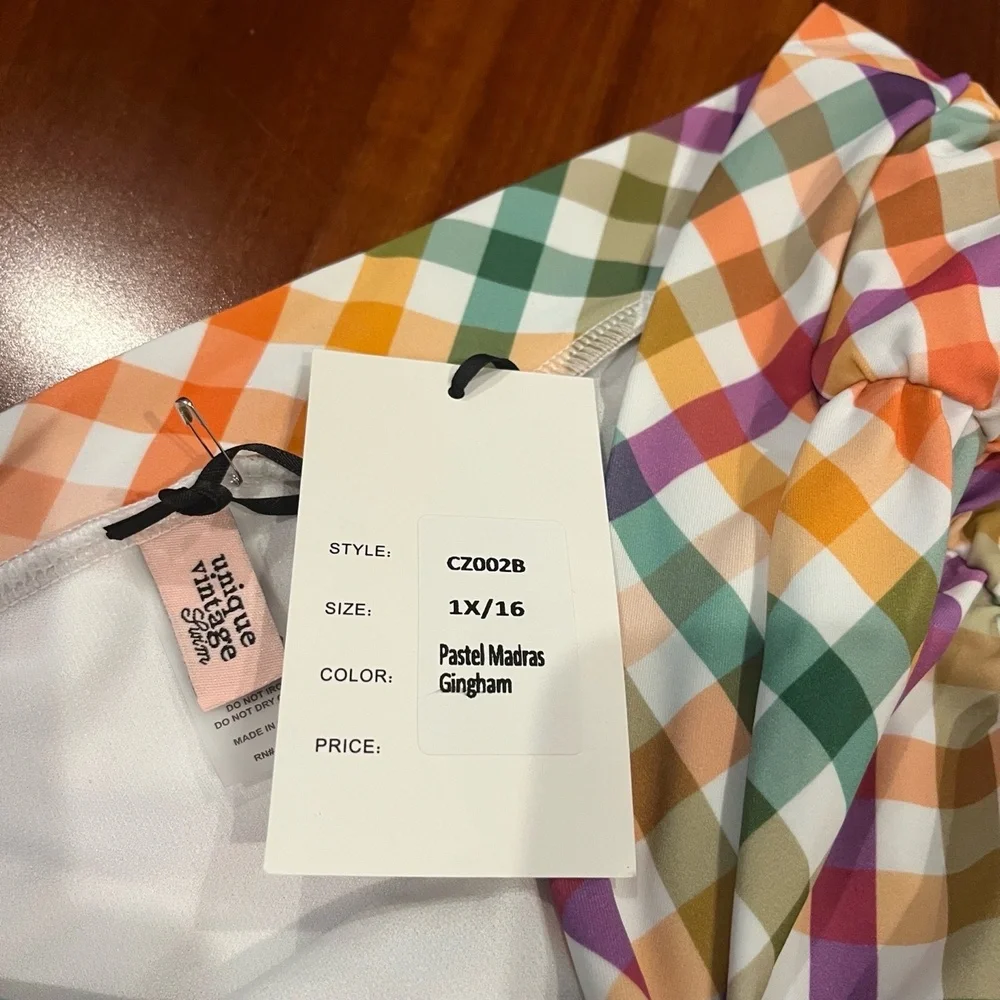 New NWT Unique Vintage Swim Bikini Bottom High-Waist Plaid Retro Plus Size 1X 16