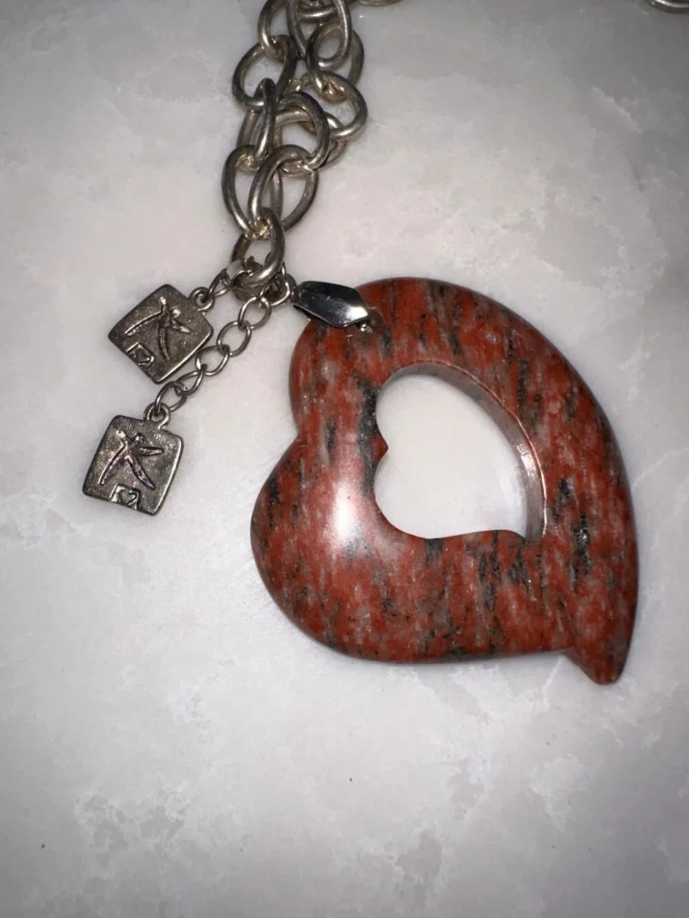 Silver-Tone Chunky Chain Necklace with Natural Stone Heart Pendant