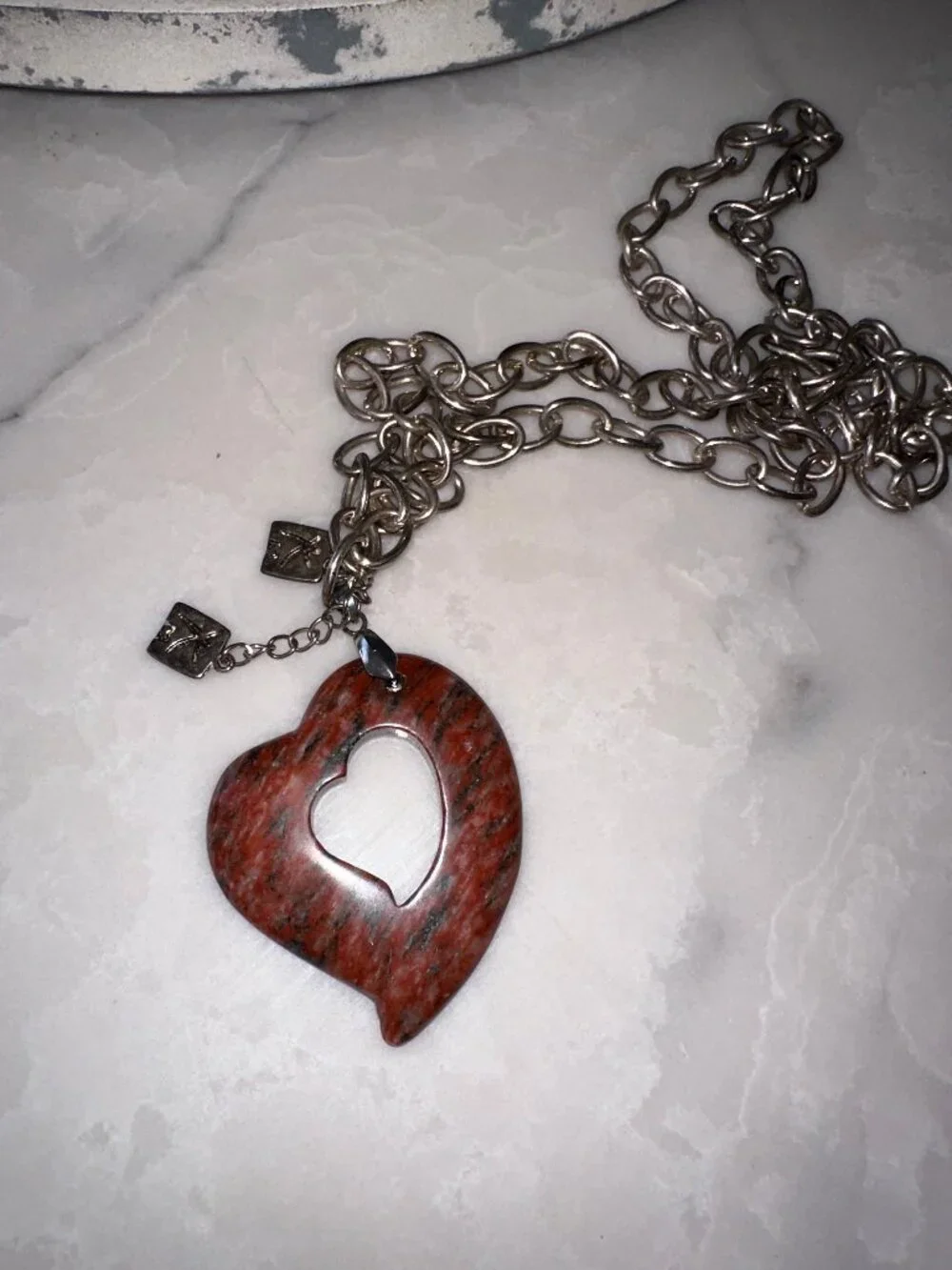 Silver-Tone Chunky Chain Necklace with Natural Stone Heart Pendant