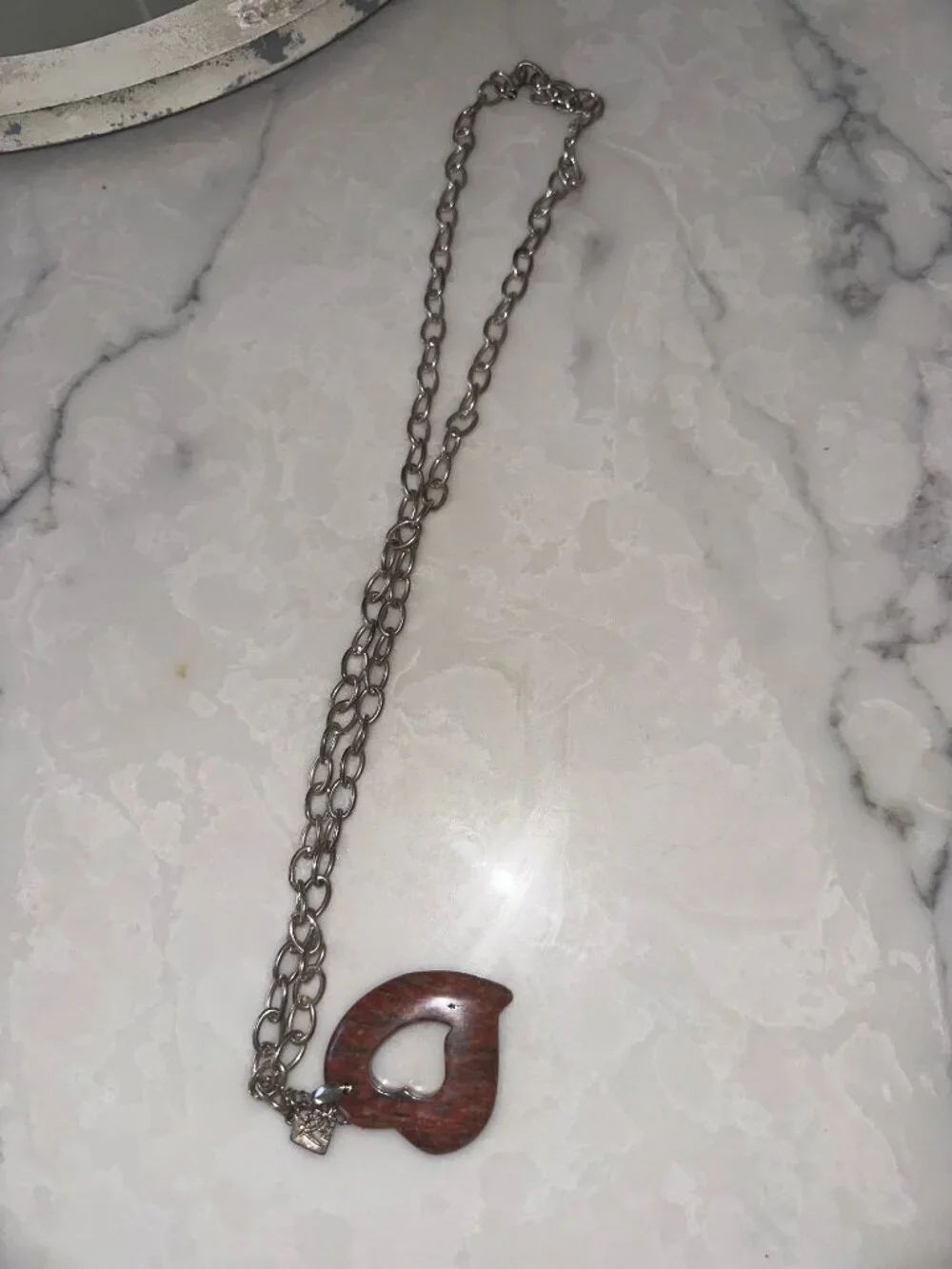 Silver-Tone Chunky Chain Necklace with Natural Stone Heart Pendant
