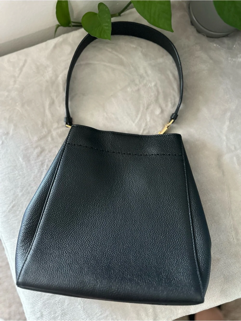 Tory Burch Black Pebbled Leather Shoulder Hobo with Logo