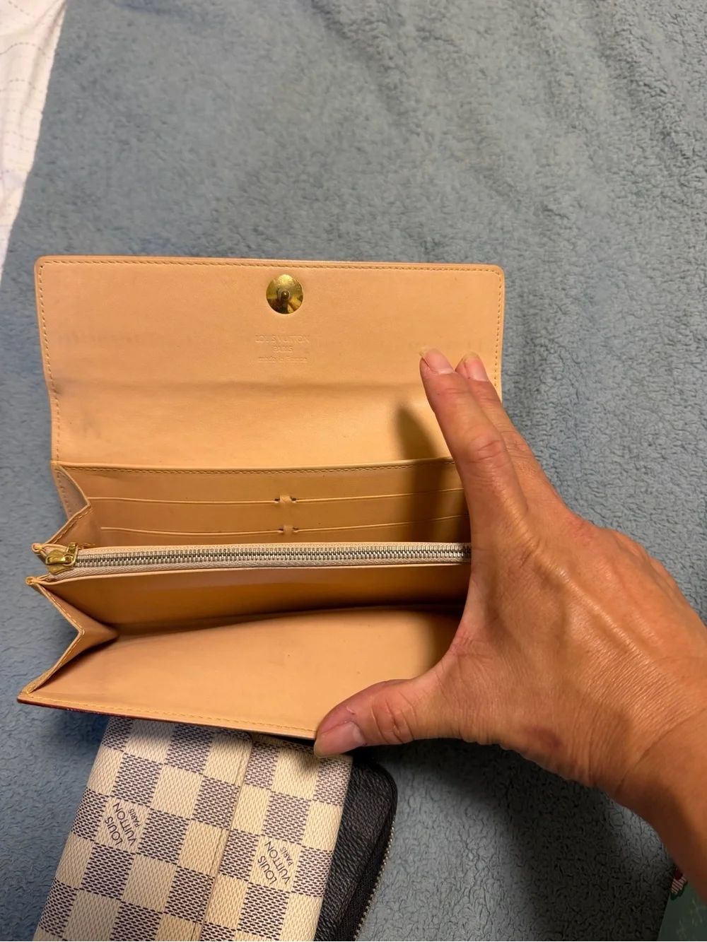Louis Vuitton Damier Azur Checkered Small Fold Wallet in Cream and Brown