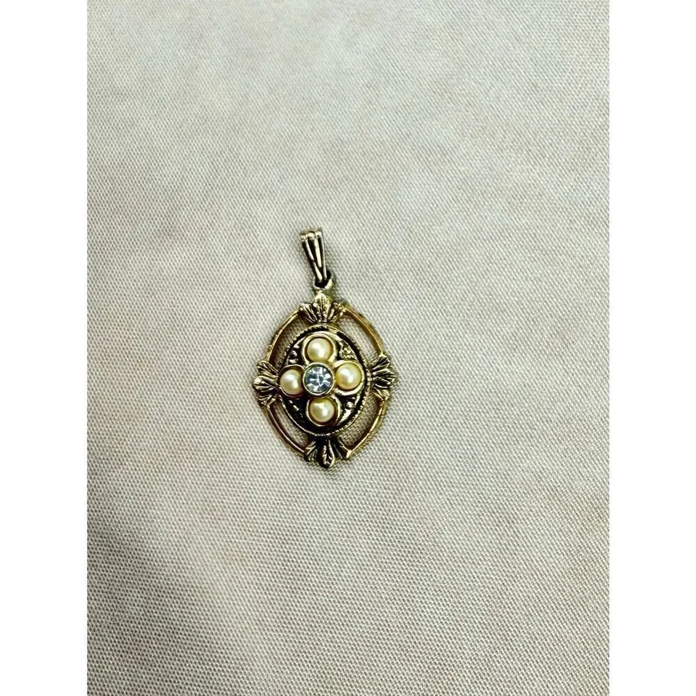 Vintage Faux Seed Pearls Rhinestone Gold Tone Pendant Victorian Style