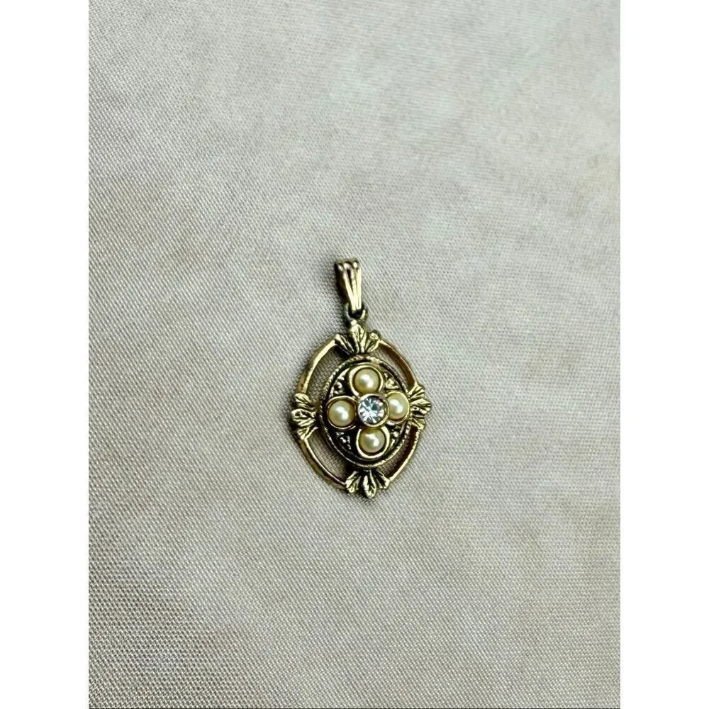 Vintage Faux Seed Pearls Rhinestone Gold Tone Pendant Victorian Style