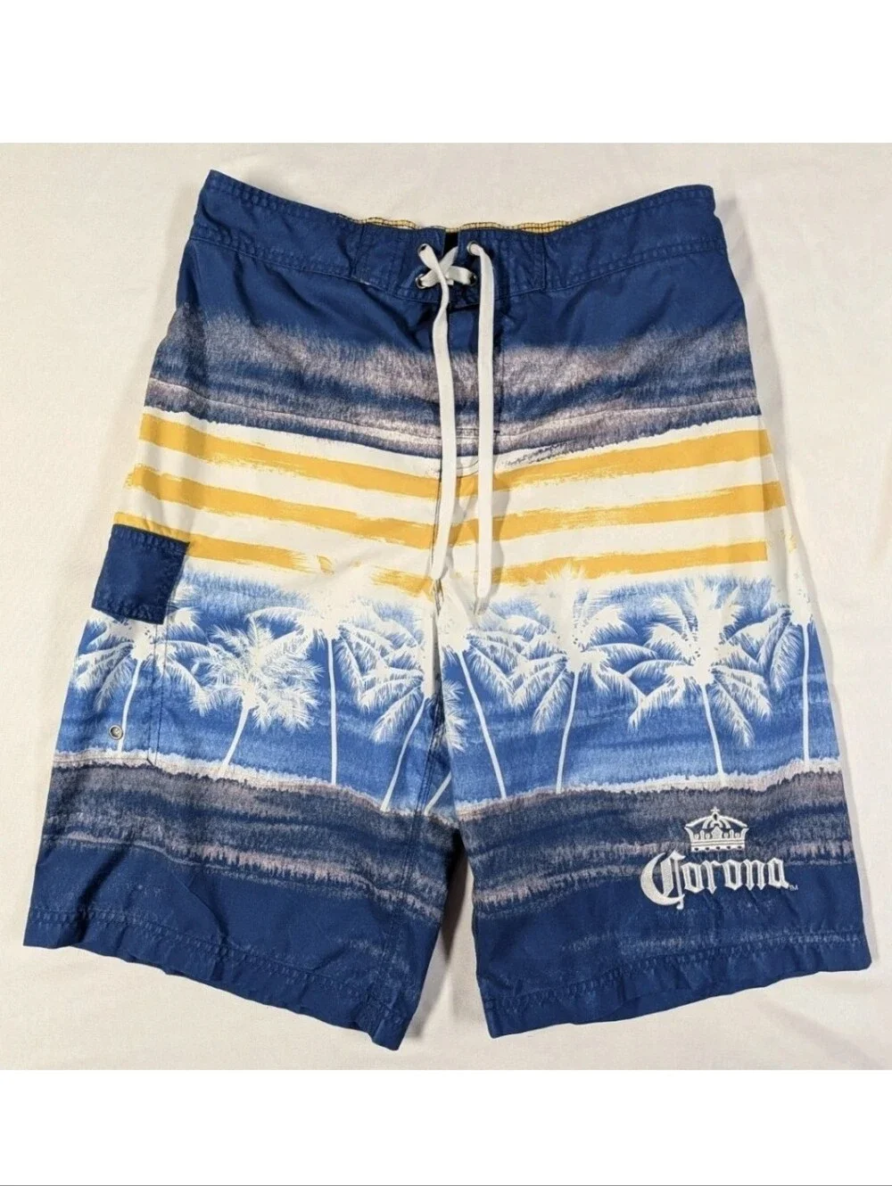 Corona Extra Men's Board Shorts Swim Trunks Size Large 34 Blue Yellow Palm Tree