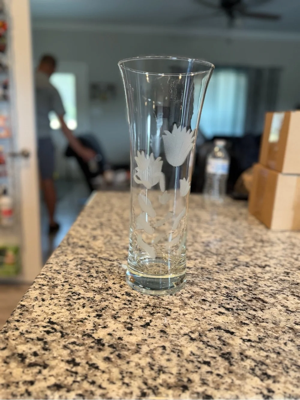 Etched Glass Floral Vase - Clear Tulip Design