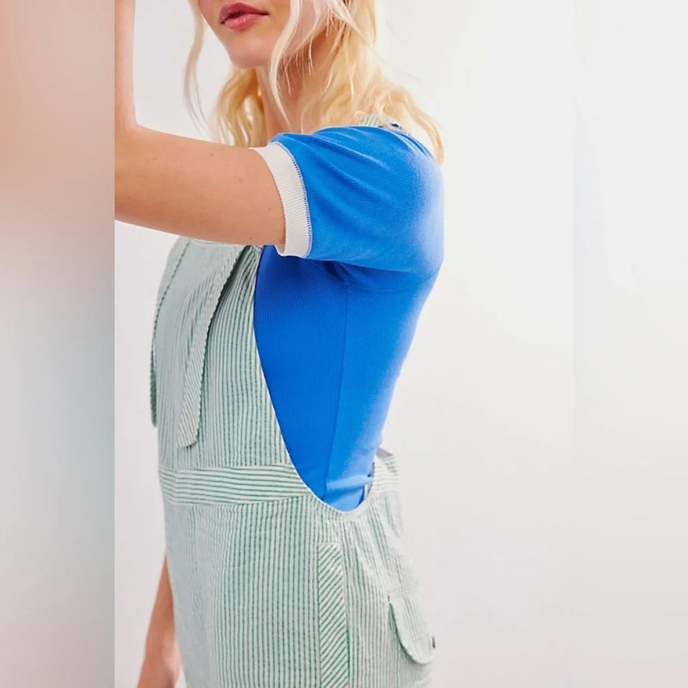 NWT Free People In Town Green Combo Striped Open Back Overalls Sz S