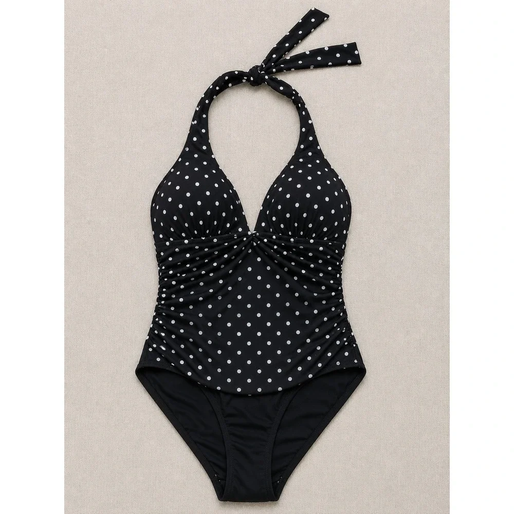 2 Bamboo Black White Polka Dot Halter One Piece Swimsuit Women Size (S)