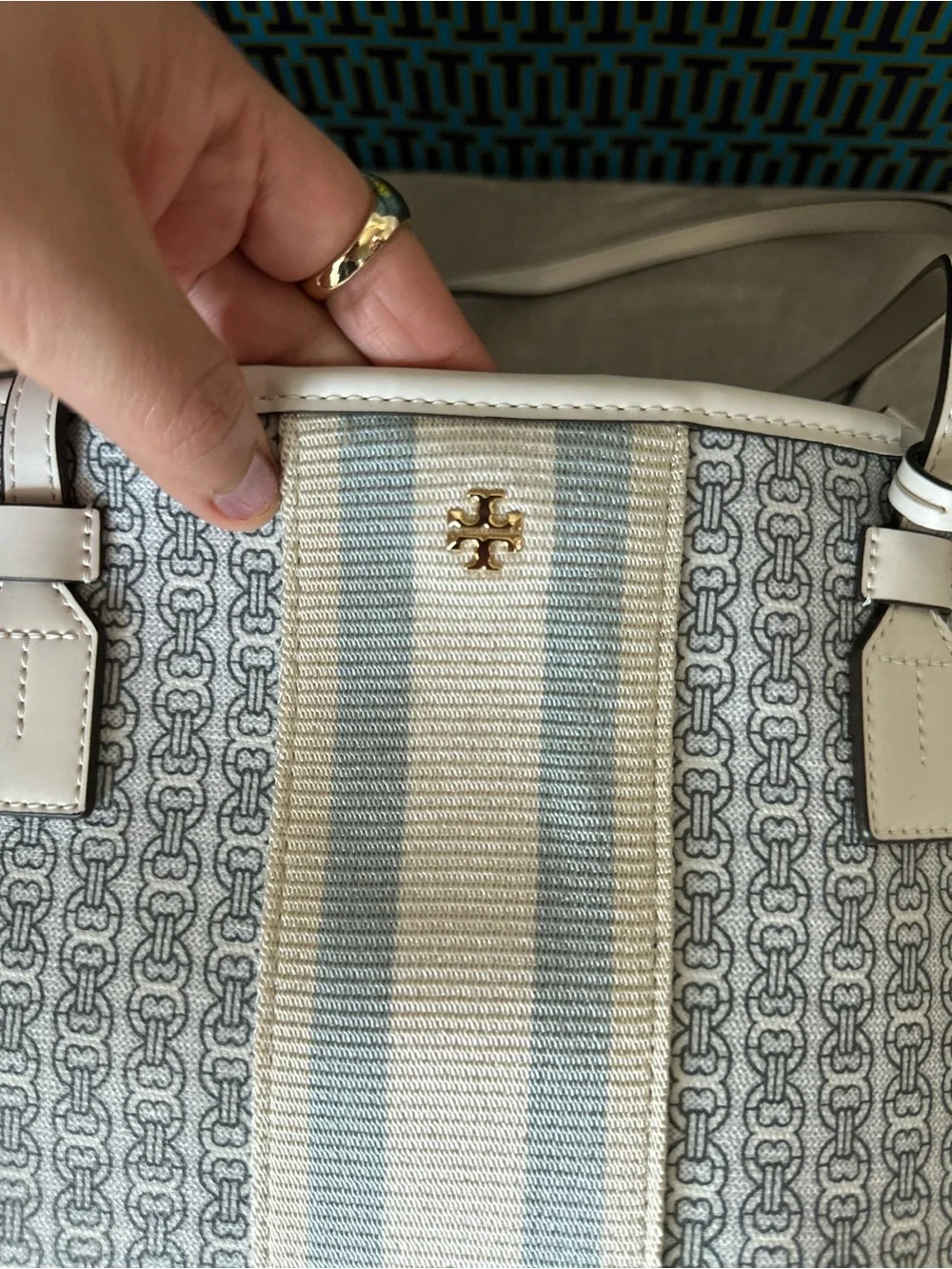 Tory Burch White & Light Blue Logo Stripe Tote