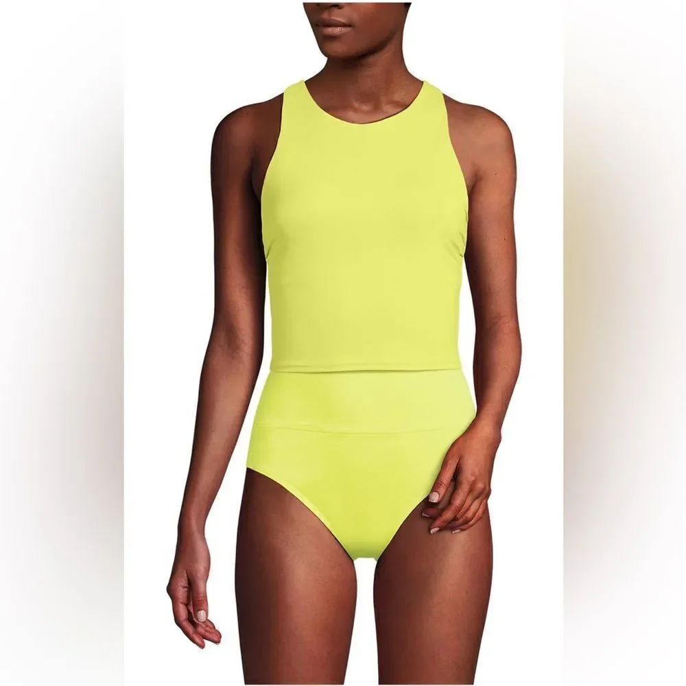 Land's End Plus Standard Racer Back High Neck Tankini shelf bra soft cloud blue
