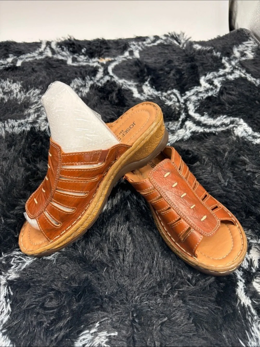 Josef Seibel brown leather slide on Catalonia 77 Sandal wedge shoes  37 (6.5-7)