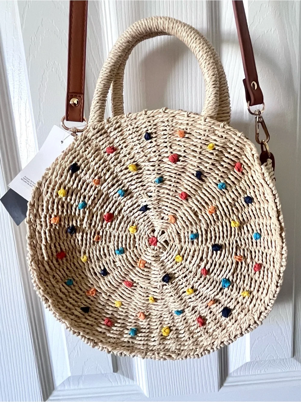LOFT Woven Round Straw Tote Bag with Colorful 3D Dots - Detachable Strap -  NWT
