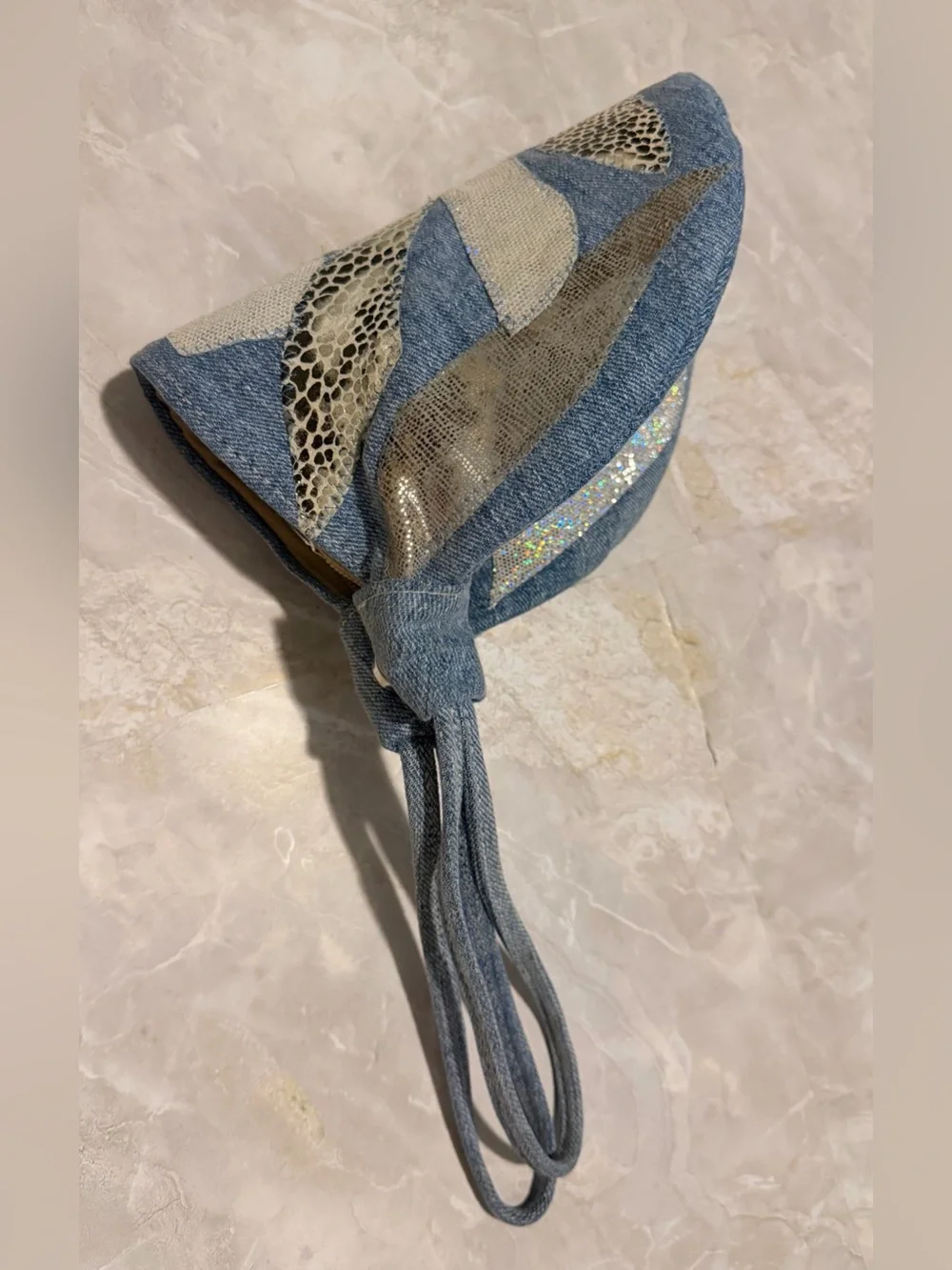 Denim Patchwork Wristlet Clutch with Metallic Accents