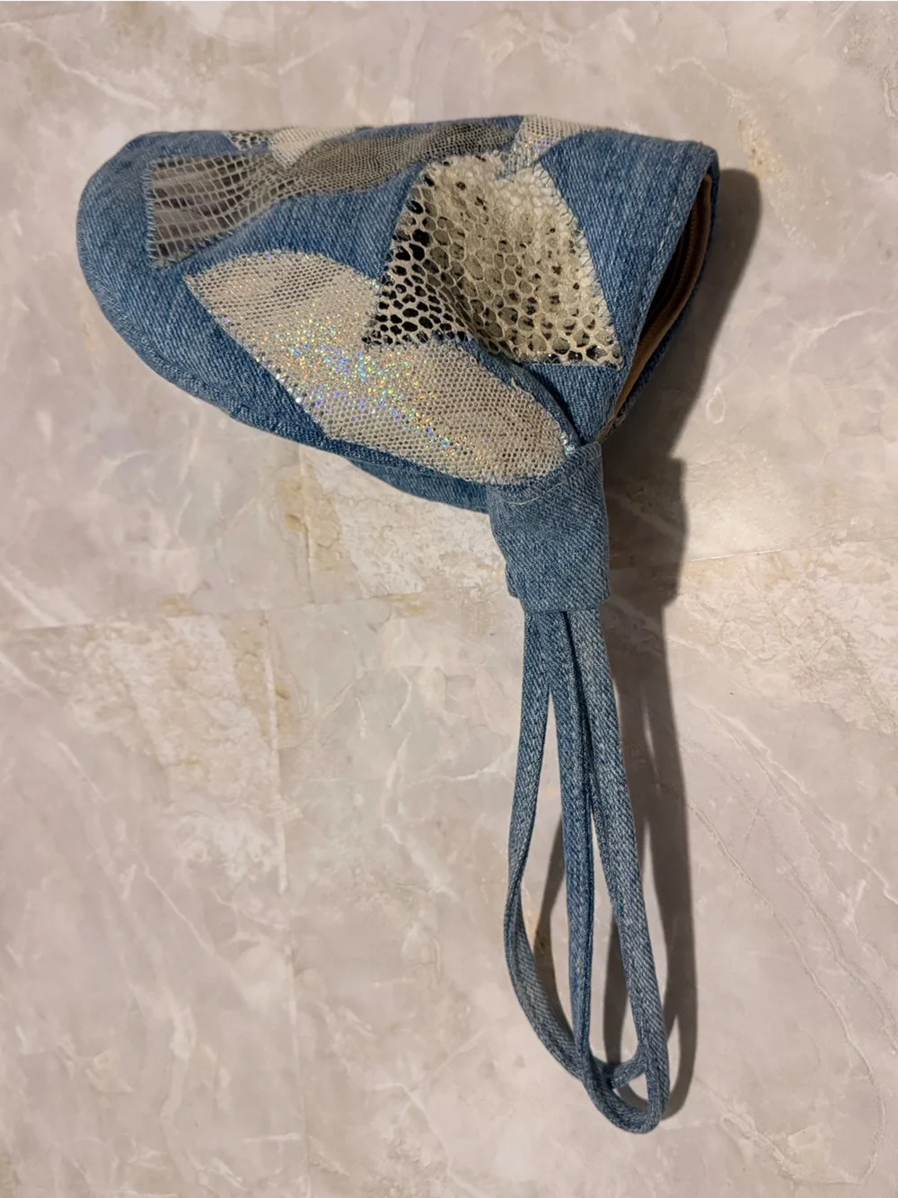 Denim Patchwork Wristlet Clutch with Metallic Accents