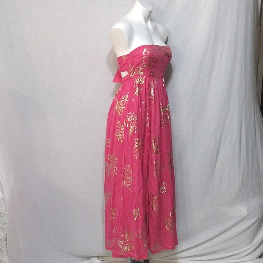 NWT Free People Strapless Metallic Floral Maxi Dress XS Open Back Tie Resort