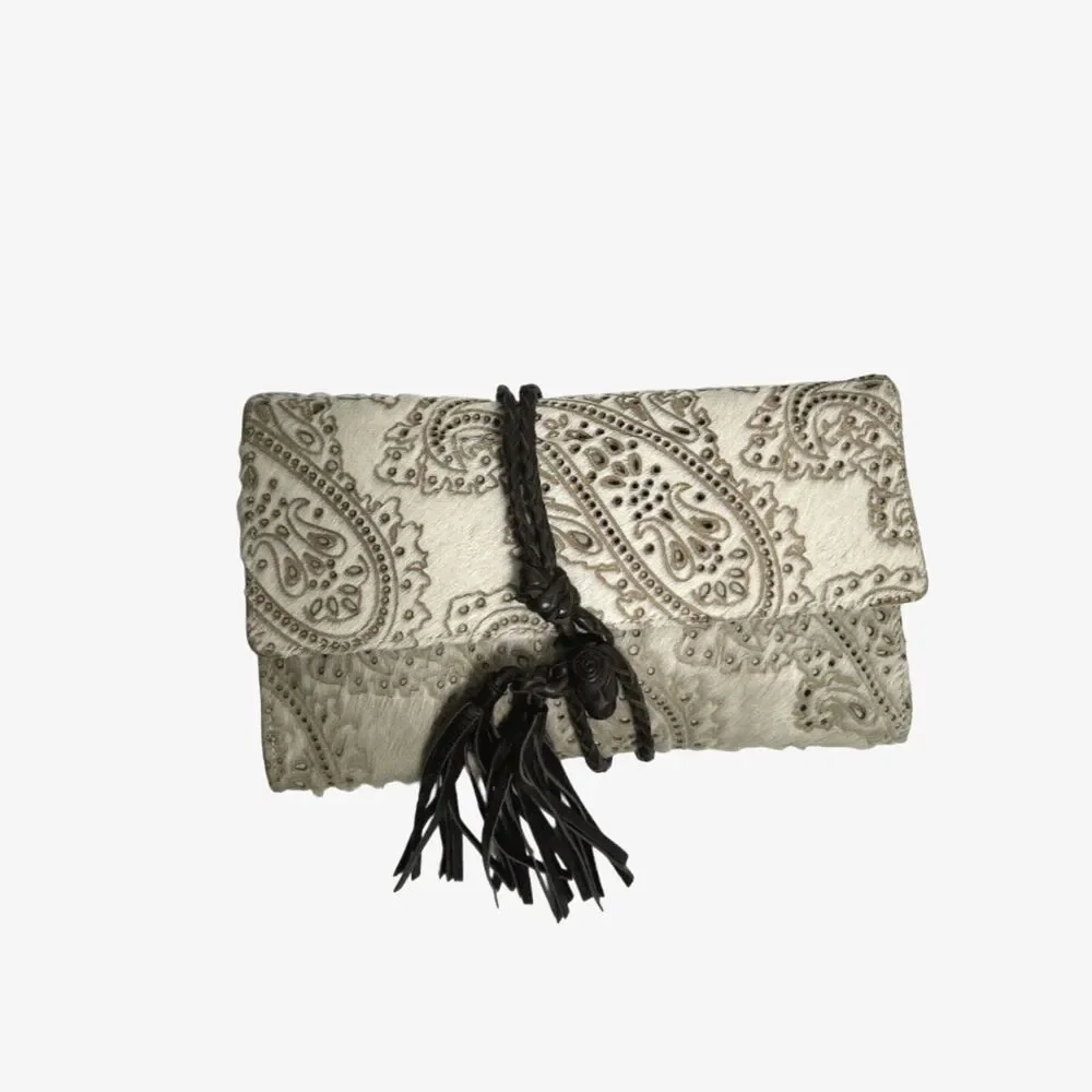 Penelope Chilvers Paisley Hair on Hide Leather Clutch Wrap Bag Boho Tassel Cream