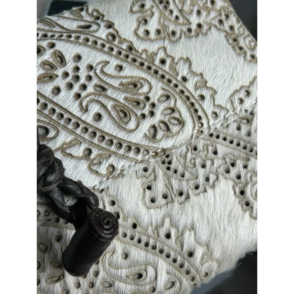 Penelope Chilvers Paisley Hair on Hide Leather Clutch Wrap Bag Boho Tassel Cream