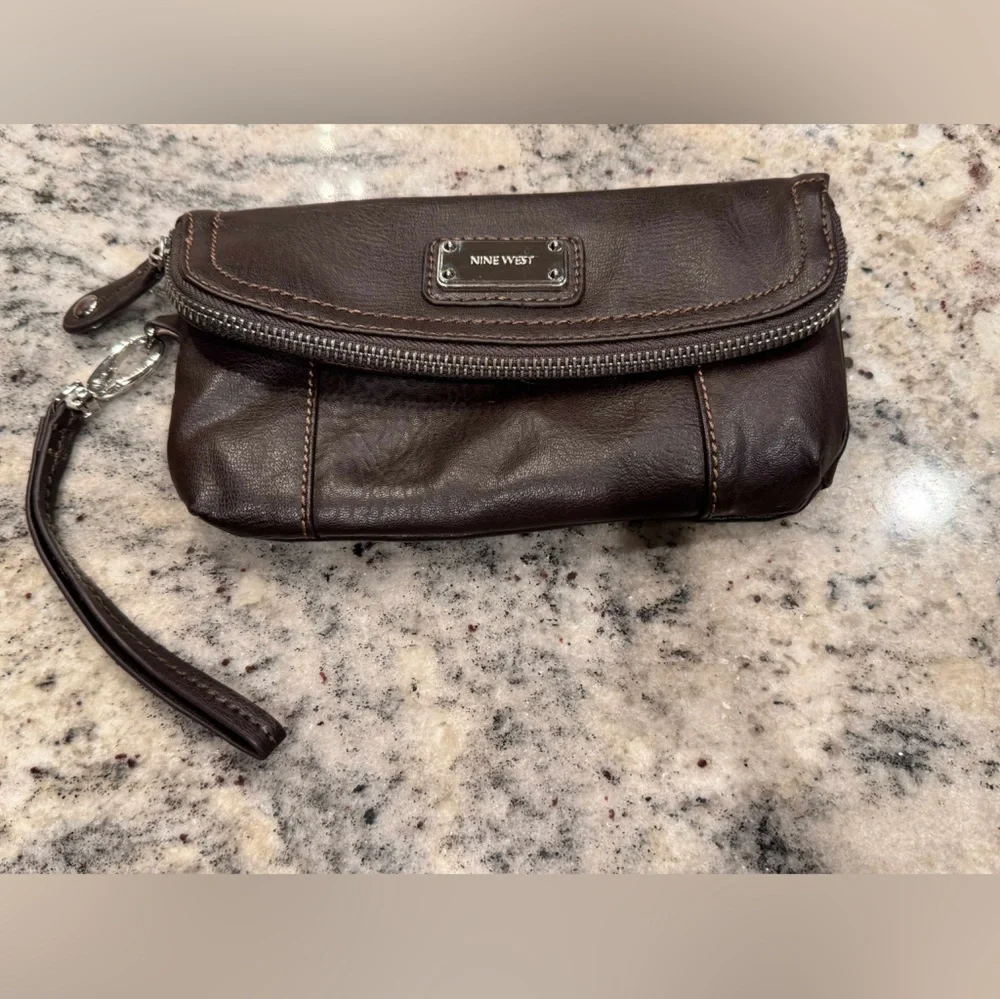 Nine West Dark Brown Leather Wristlet and Pouch set no stains or wear