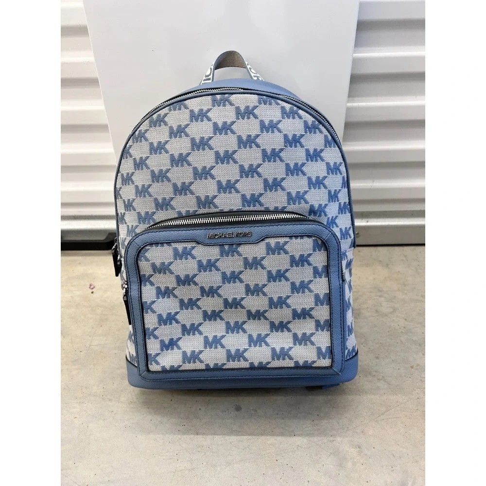 Michael Kors Cooper Bag Mens Large Blue Gray Logo Jacquard Commuter Backpack
