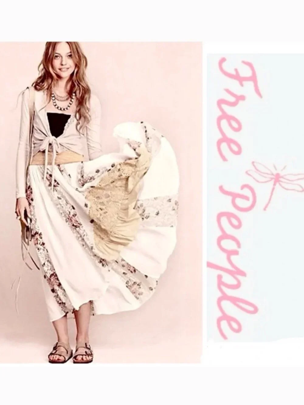 Free People White Godet Floral Print Lace Hi-Low Maxi Skirt