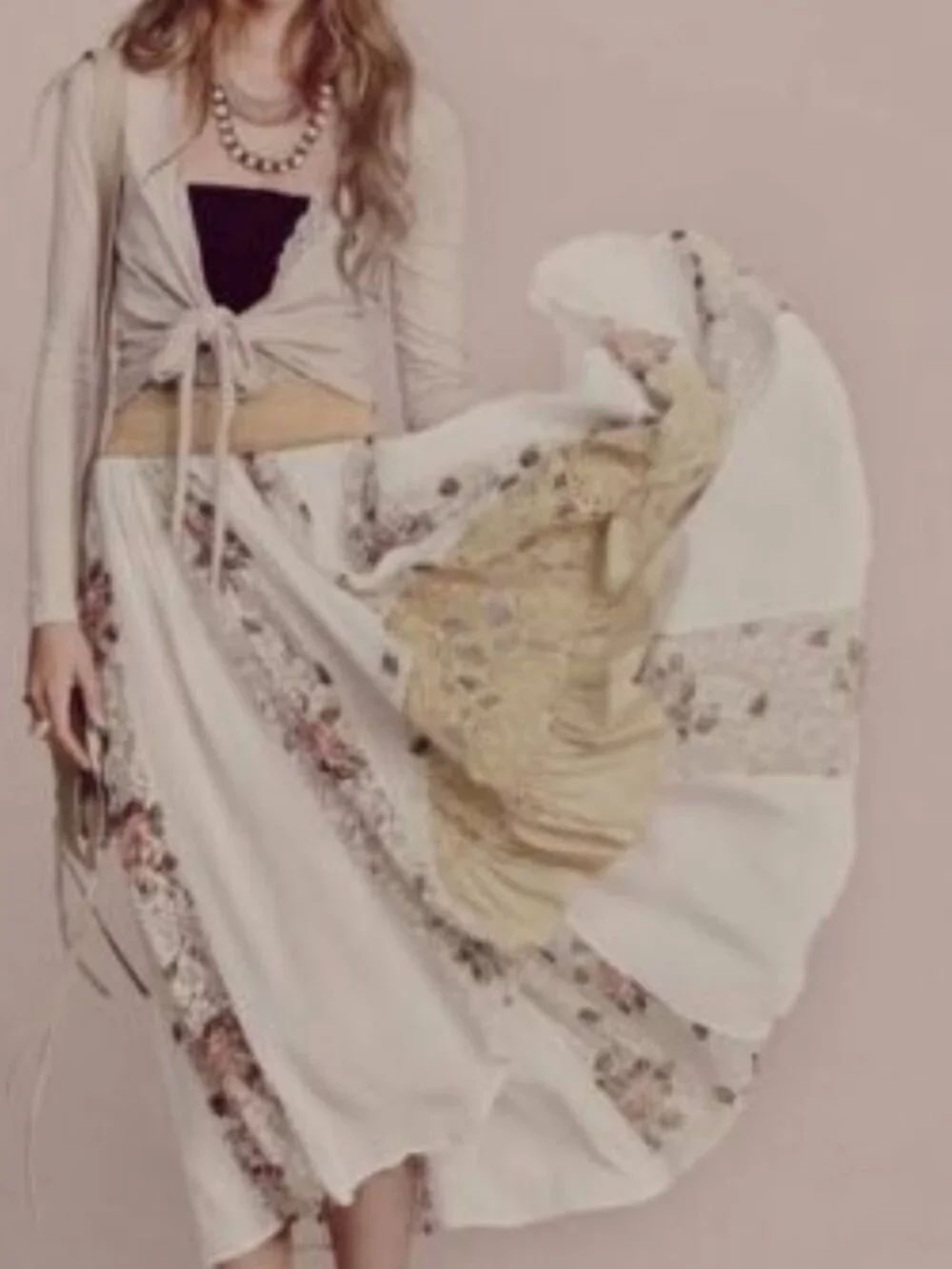 Free People White Godet Floral Print Lace Hi-Low Maxi Skirt
