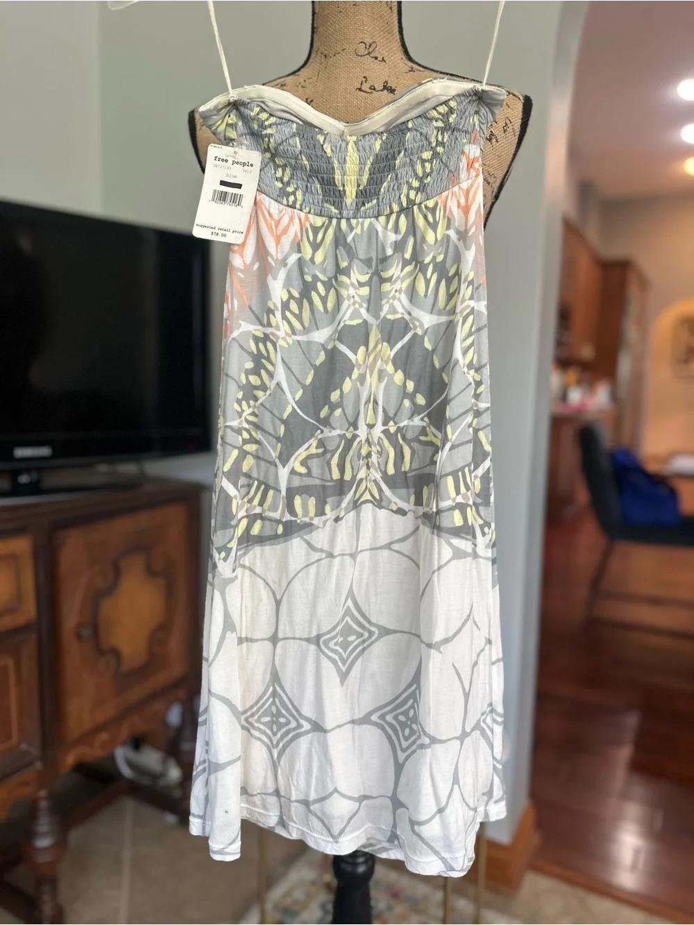 Free People Strapless Gray Dress with Yellow & Peach Accents 🆕