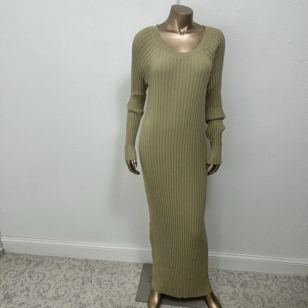 Free People Beach Khaki  Walk About Ribbed Long Sleeve Maxi Dress Bodycon Size L